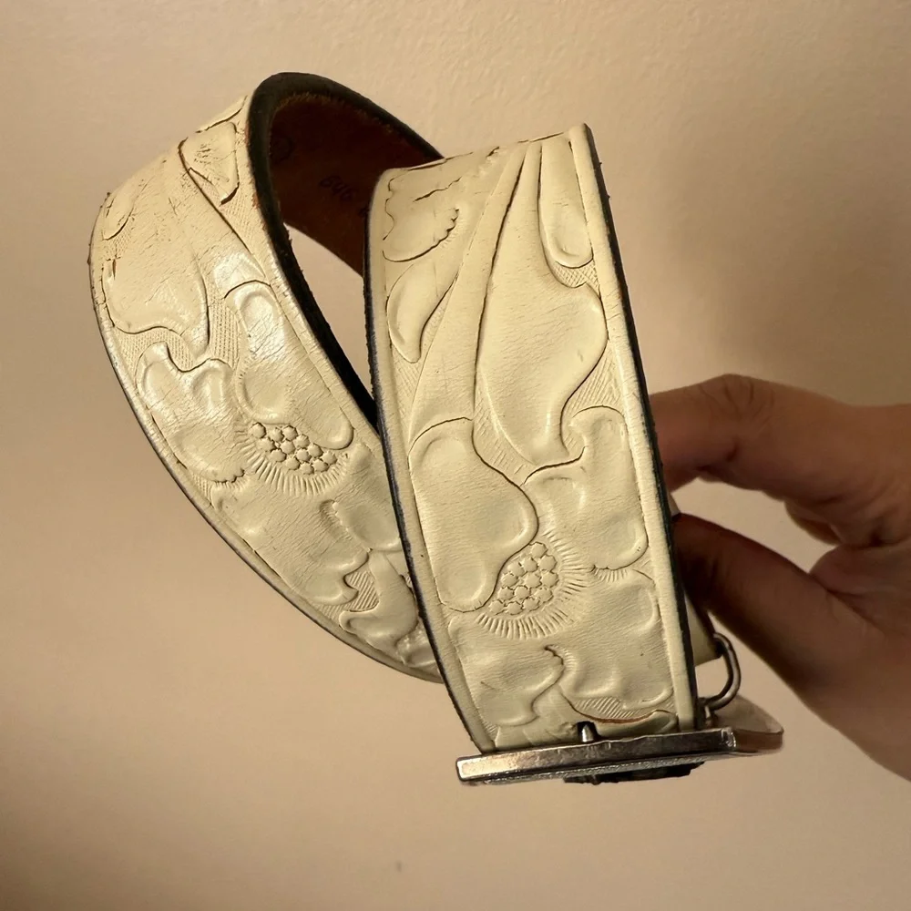 Justin‎ Ivory Leather Belt Cowgirl Boots Buckle Top Grain Cowhide Sz 28 31”